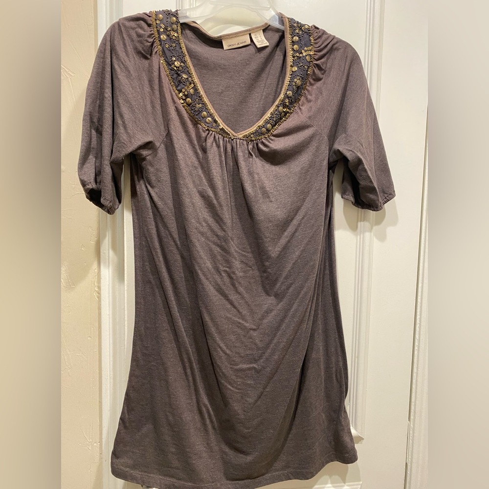 DKNY JEANS pewter-color cotton tunic, brass-color sequins at neckline. Size L